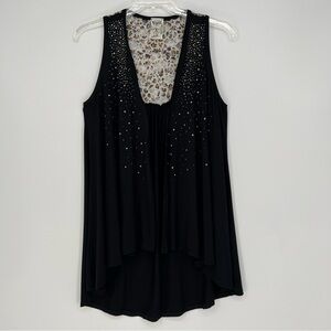 Vocal Womens Vest Long Black Medium Embellished Lace Lightweight Flowy NEW